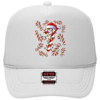 Red And White Candy Cane Santa Christmas Funny Xmas Lights High Crown Mesh Back Trucker Hat