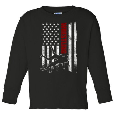 Retro American Wrestling Apparel US Flag Wrestling TShirt Toddler Long Sleeve Shirt