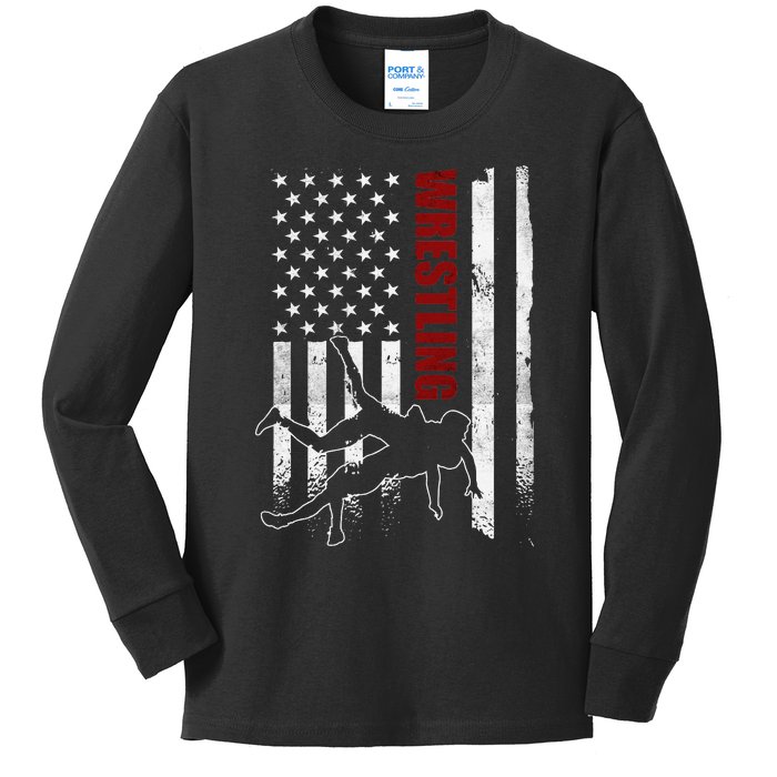 Retro American Wrestling Apparel US Flag Wrestling  Kids Long Sleeve Shirt