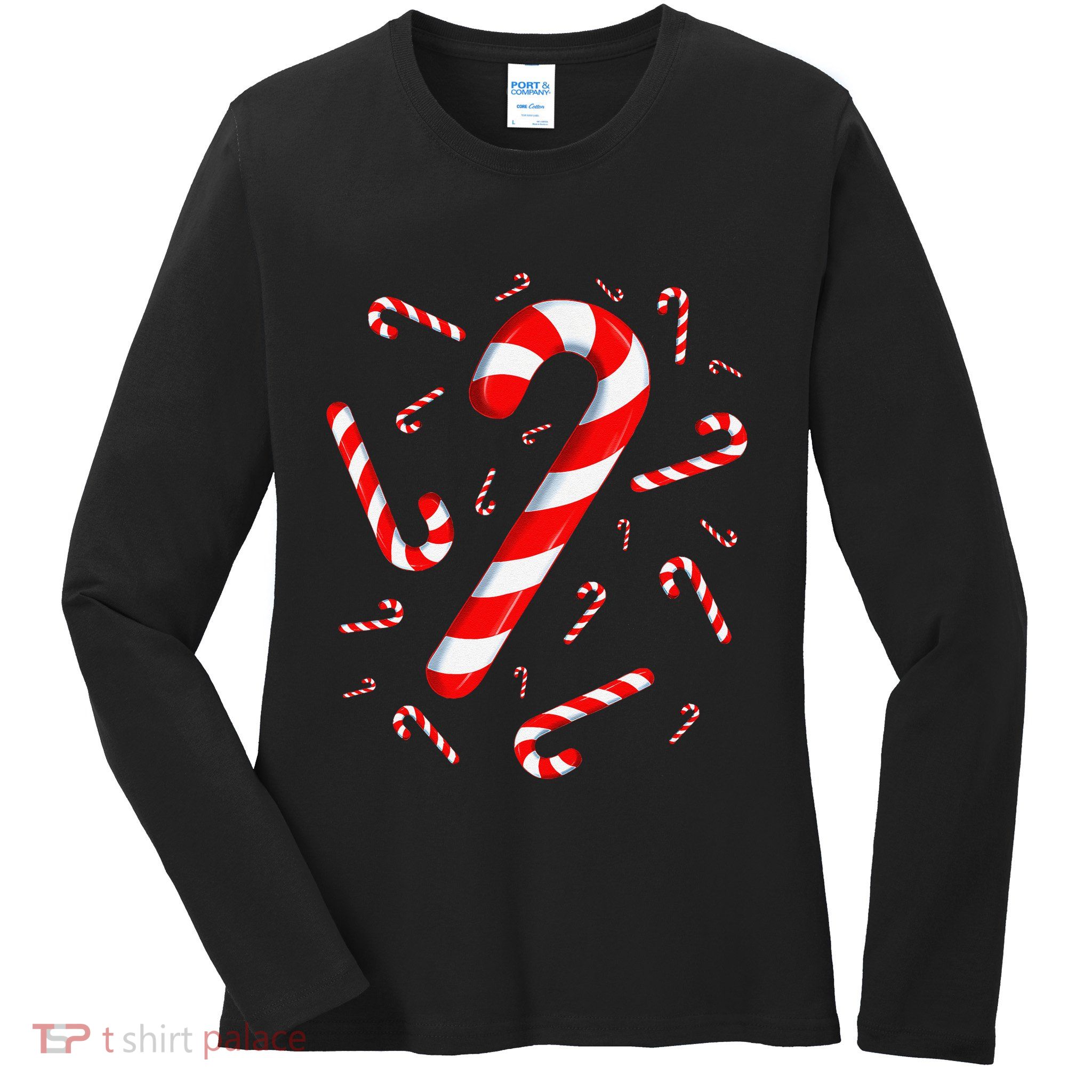 Red And White Candy Cane Santa Christmas Funny Xmas Lights Gift Ladies Long Sleeve Shirt