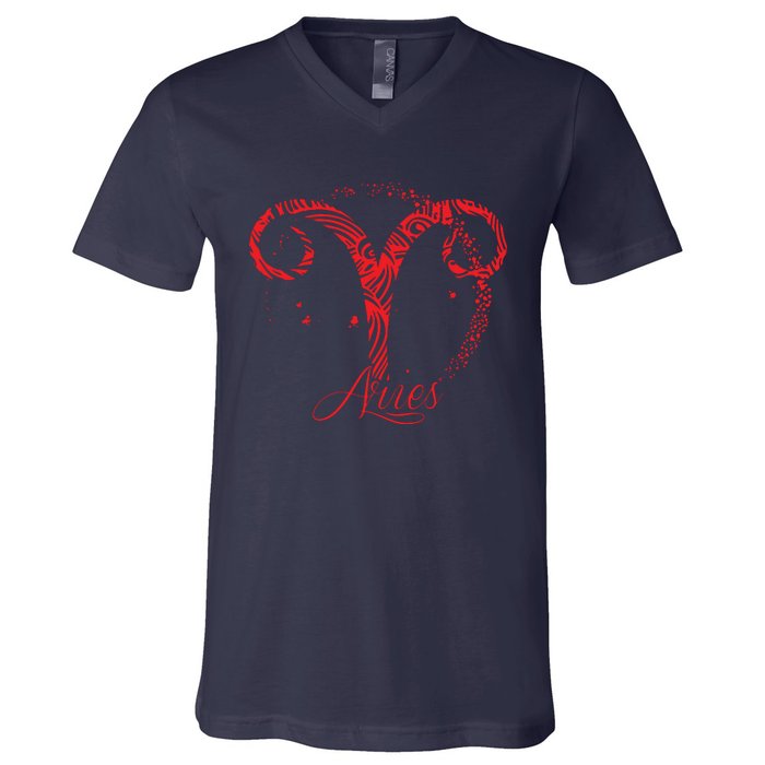 Red Aries Zodiac Sign Birthday Stars March April Horoscope V-Neck T-Shirt