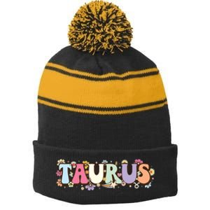 Retro Astrology Zodiac Sign April Or May Birthday Taurus Stripe Pom Pom Beanie