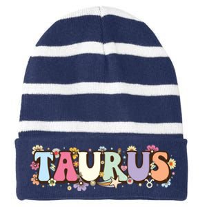 Retro Astrology Zodiac Sign April Or May Birthday Taurus Striped Beanie with Solid Band