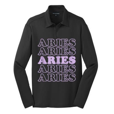 Retro Aries Zodiac Birthday Purple Lilac Lavender March Cute Silk Touch Performance Long Sleeve Polo