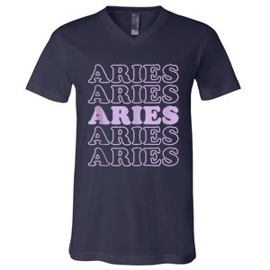 Retro Aries Zodiac Birthday Purple Lilac Lavender March Cute V-Neck T-Shirt