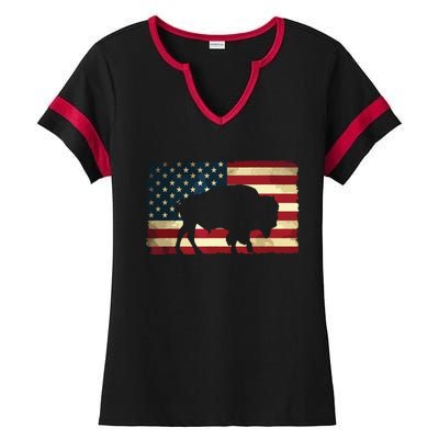 Retro Buffalo American Flag USA Bison Ladies Halftime Notch Neck Tee