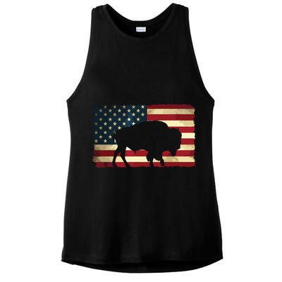 Retro Buffalo American Flag USA Bison Ladies PosiCharge Tri-Blend Wicking Tank