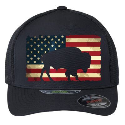 Retro Buffalo American Flag USA Bison Flexfit Unipanel Trucker Cap
