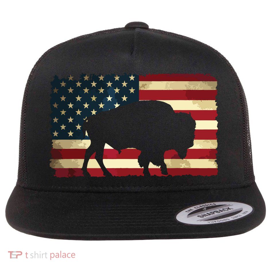 Retro Buffalo American Flag USA Bison Flatbill Hat