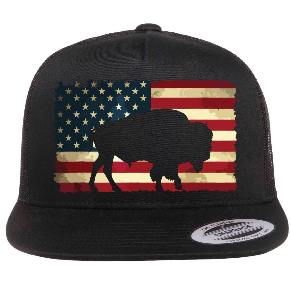 Retro Buffalo American Flag USA Bison Flat Bill Trucker Hat