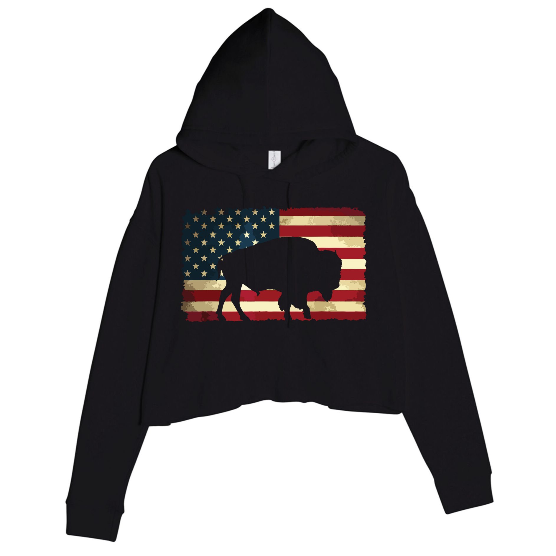 Retro Buffalo American Flag USA Bison Crop Fleece Hoodie