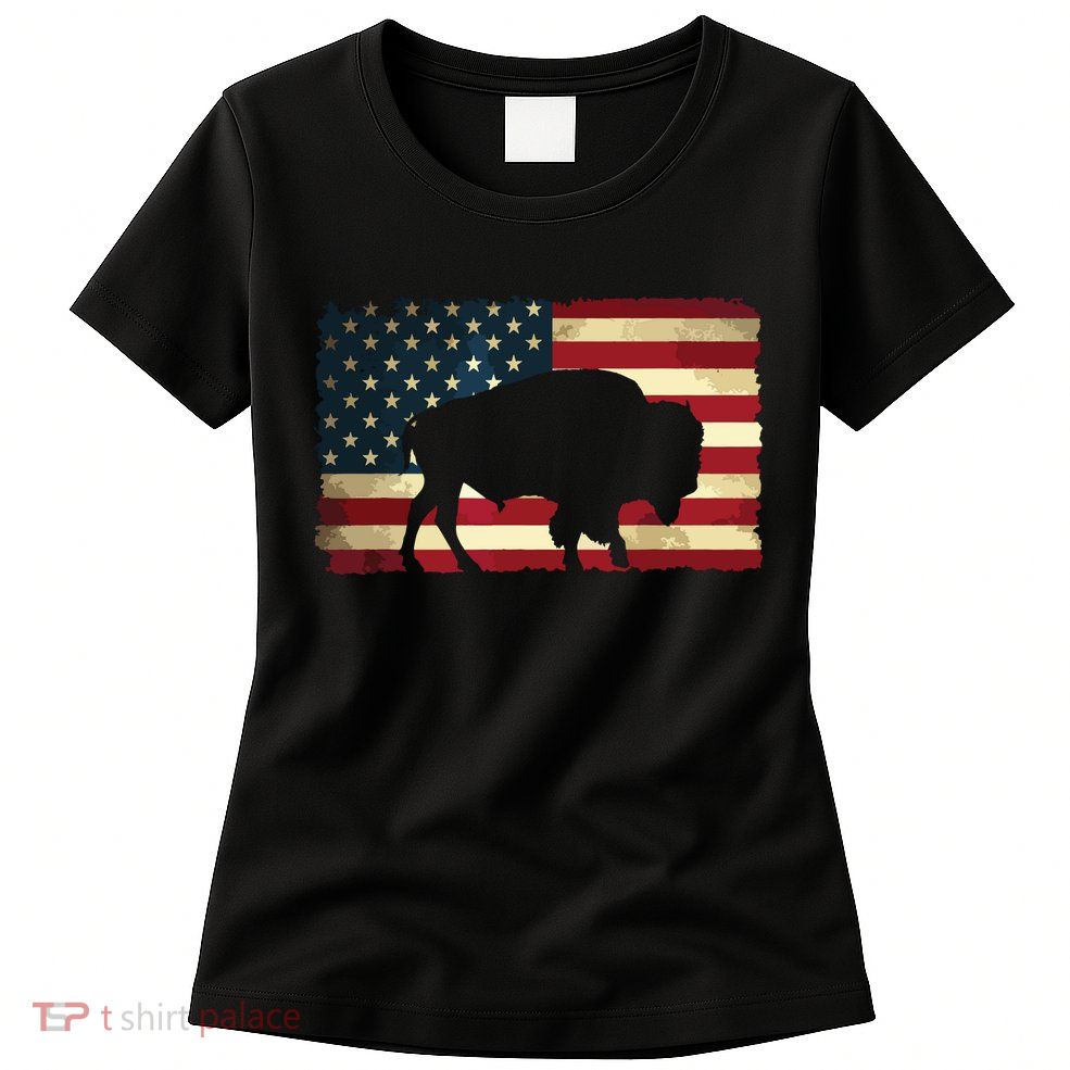 Retro Buffalo American Flag USA Bison Womens T-Shirt
