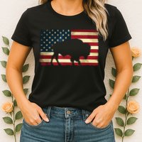 Retro Buffalo American Flag USA Bison Womens T-Shirt
