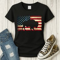 Retro Buffalo American Flag USA Bison Womens T-Shirt