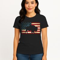 Retro Buffalo American Flag USA Bison Womens T-Shirt