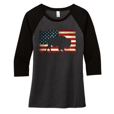 Retro Buffalo American Flag USA Bison Women's Tri-Blend 3/4-Sleeve Raglan Shirt