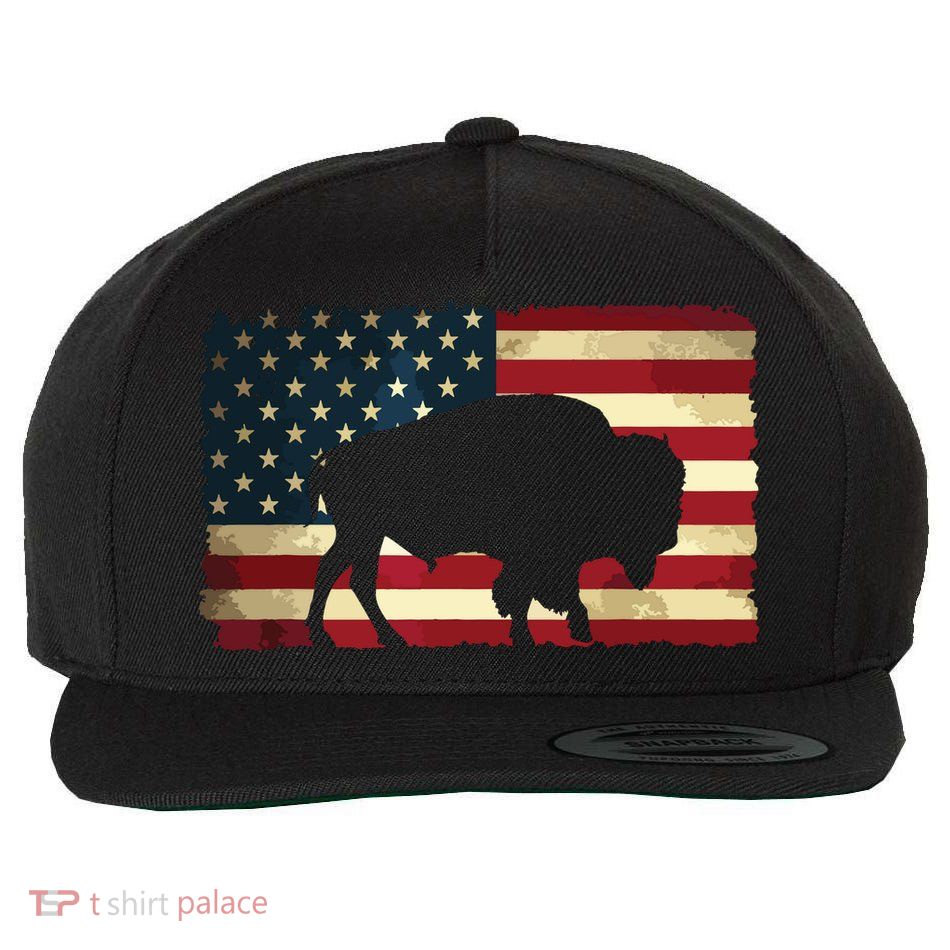 Retro Buffalo American Flag USA Bison Wool Snapback Cap