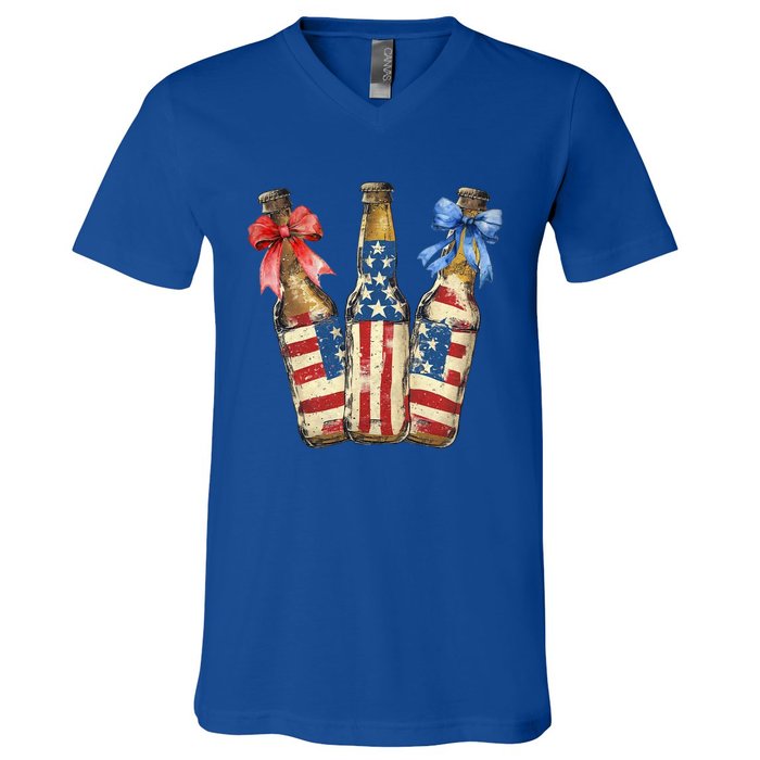 Retro Beer American Flag Usa 4th Of July Party Ing Funny Gift V-Neck T-Shirt