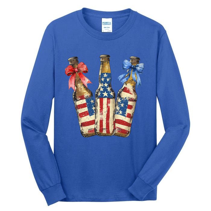 Retro Beer American Flag Usa 4th Of July Party Ing Funny Gift Tall Long Sleeve T-Shirt