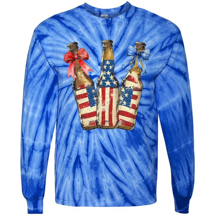 Retro Beer American Flag Usa 4th Of July Party Ing Funny Gift Tie-Dye Long Sleeve Shirt