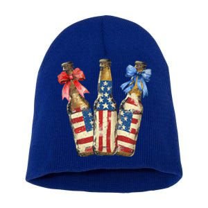 Retro Beer American Flag Usa 4th Of July Party Ing Funny Gift Short Acrylic Beanie