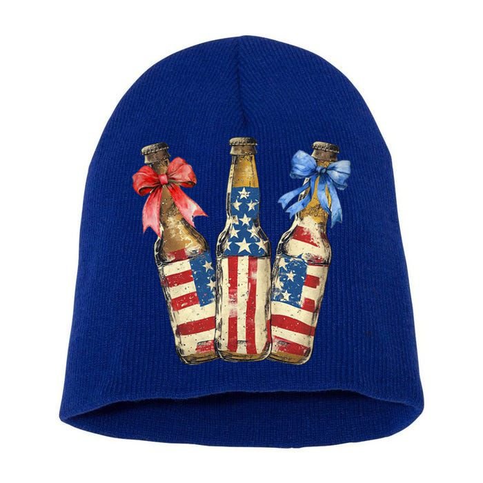 Retro Beer American Flag Usa 4th Of July Party Ing Funny Gift Short Acrylic Beanie