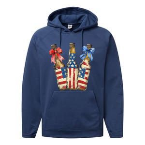 Retro Beer American Flag Usa 4th Of July Party Ing Funny Gift Performance Fleece Hoodie