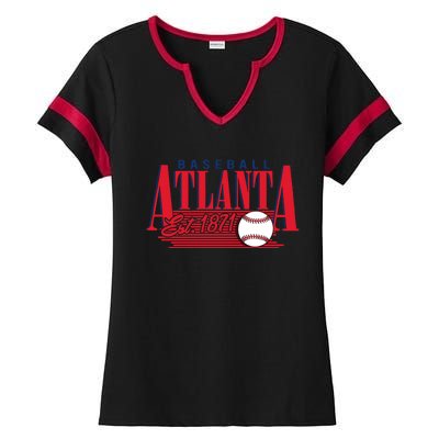 Retro Baseball Atlanta Est 1871 Ladies Halftime Notch Neck Tee