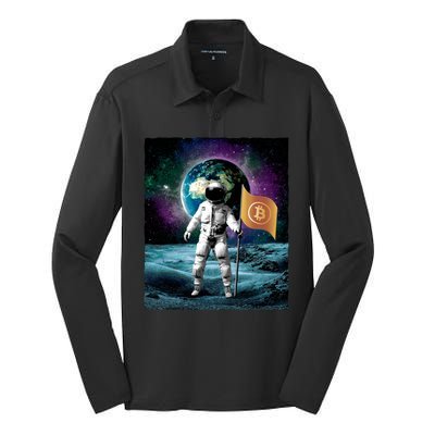 Retro Bitcoin Astronaut Silk Touch Performance Long Sleeve Polo