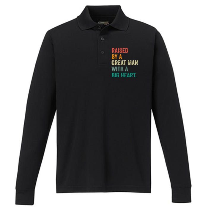 Raised By A Great Man With A Big Heart vintage Father’s Day Performance Long Sleeve Polo