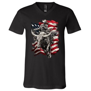 Rodeo Bucking Bull Riding Cowboy Western V-Neck T-Shirt