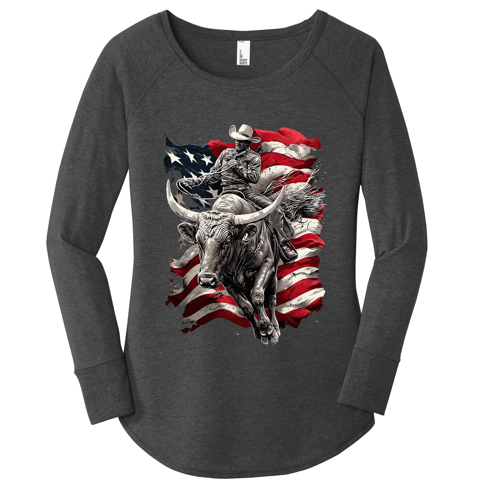 Rodeo Bucking Bull Riding Cowboy Western Women's Perfect Tri Tunic Long Sleeve Shirt