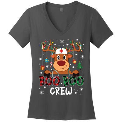 Reindeer Boo Boo Crew Nurse Buffalo Plaid Christmas Nurse Women's V-Neck T-Shirt