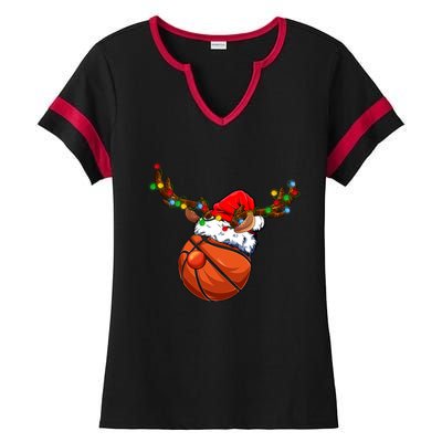 Reindeer Basketball Ball Santa Claus Christmas Lights Xmas Funny Gift Ladies Halftime Notch Neck Tee