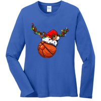 Reindeer Basketball Ball Santa Claus Christmas Lights Xmas Funny Gift Ladies Long Sleeve Shirt