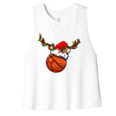 Reindeer Basketball Ball Santa Claus Christmas Lights Xmas Funny Gift Women's Racerback Cropped Tank