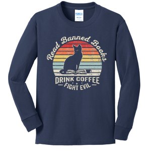 Read Banned Books Drink Coffee Fight Evil Cat Kids Long Sleeve Shirt