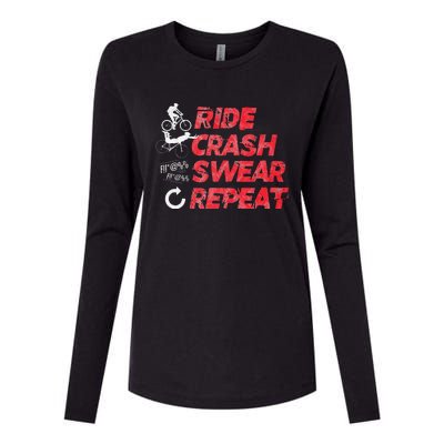 Ride Crash Swear Repeat Funny MTB Mountain Bike Cycling Womens Cotton Relaxed Long Sleeve T-Shirt