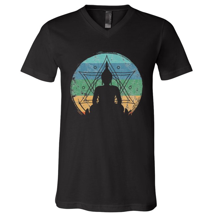 Retro Buddha Buddhist Yoga Spiritual Meditation Zen V-Neck T-Shirt