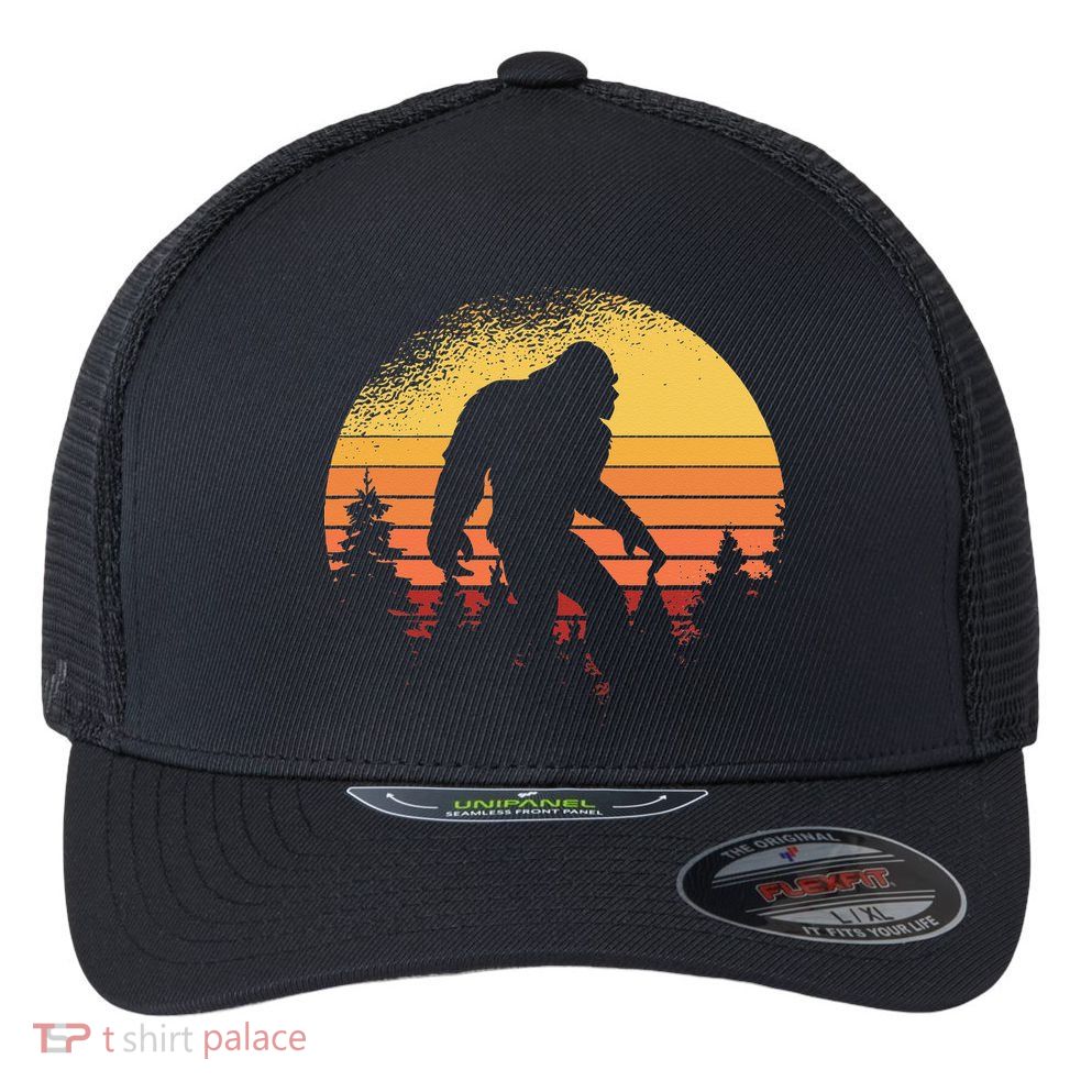 Retro Bigfoot Believer Silhouette Sasquatch Hide And Seek Flexfit Unipanel Trucker Cap