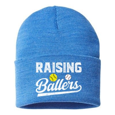 Raising Ballers Baseball Softball Dad Of Ballers Meaningful Gift Sustainable Knit Beanie