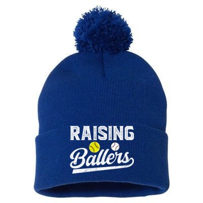 Raising Ballers Baseball Softball Dad Of Ballers Meaningful Gift Pom Pom 12in Knit Beanie