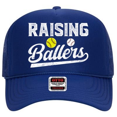 Raising Ballers Baseball Softball Dad Of Ballers Meaningful Gift High Crown Mesh Back Trucker Hat