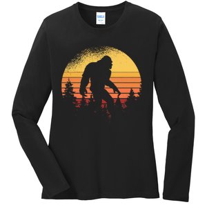 Retro Bigfoot Believer Silhouette Sasquatch Hide And Seek Ladies Long Sleeve Shirt