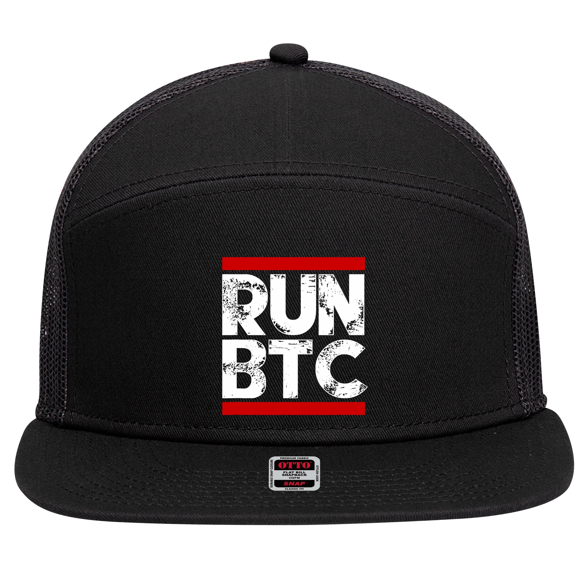 Run Btc Bitcoin Cryptocurrency 7 Panel Mesh Trucker Snapback Hat