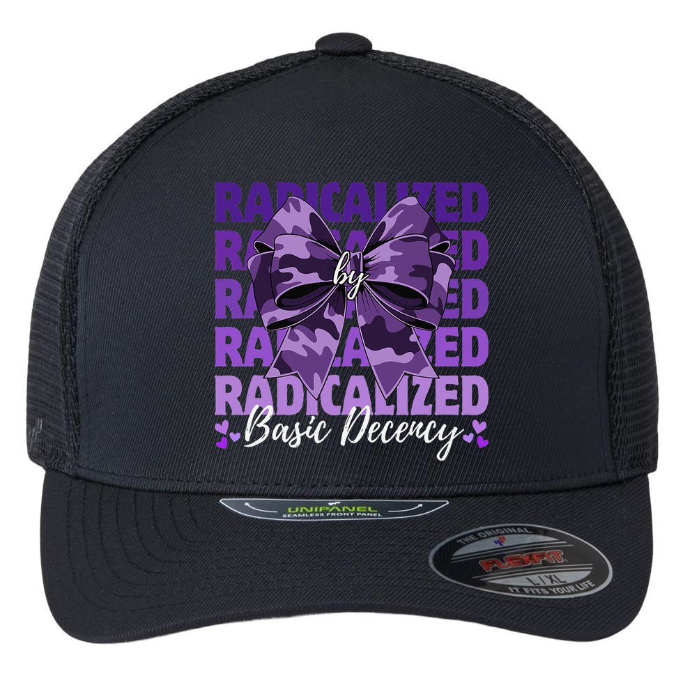 Radicalized By Basic Decency Coquette Bow For Women Flexfit Unipanel Trucker Cap