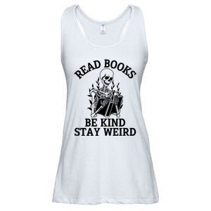 Read Books Be Kind Stay Weird Skeleton Reading Book Bookish Ladies Essential Flowy Tank