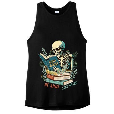 Read Books Be Kind Stay Weird Funny Skeleton Book Lover Ladies PosiCharge Tri-Blend Wicking Tank