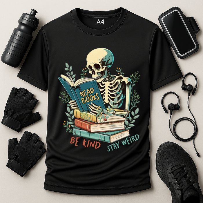 Read Books Be Kind Stay Weird Funny Skeleton Book Lover Cooling Performance Crew T-Shirt