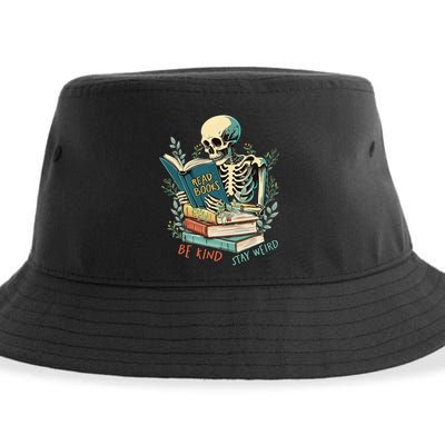 Read Books Be Kind Stay Weird Funny Skeleton Book Lover Sustainable Bucket Hat